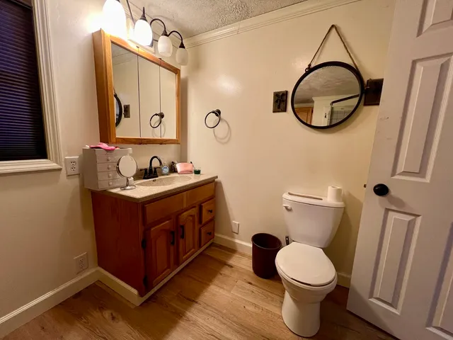 a bathroom with a sink vanity mirror and toilet