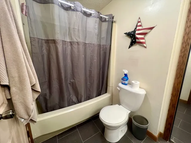 a bathroom with a toilet and a shower curtain