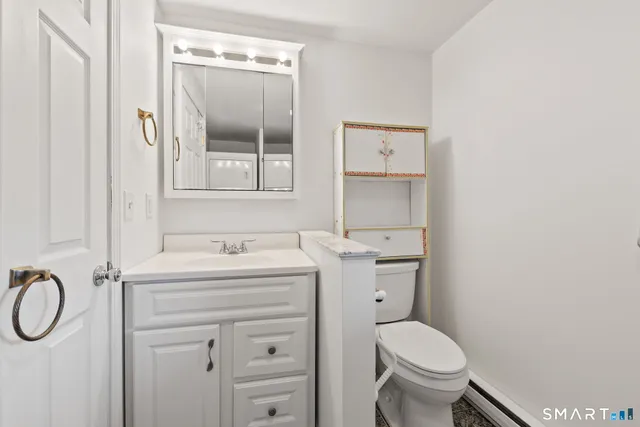 a bathroom with a toilet sink vanity and mirror