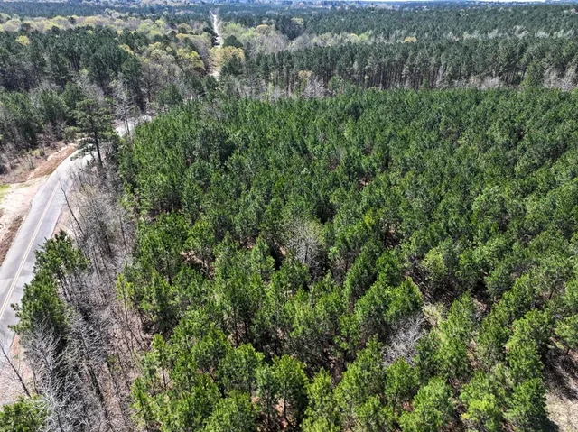 an aerial view of residential house with outdoor space and trees all around