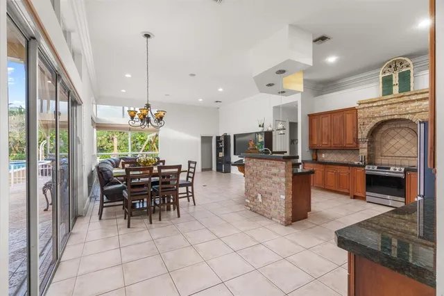a view of a dining room with furniture window and outside view