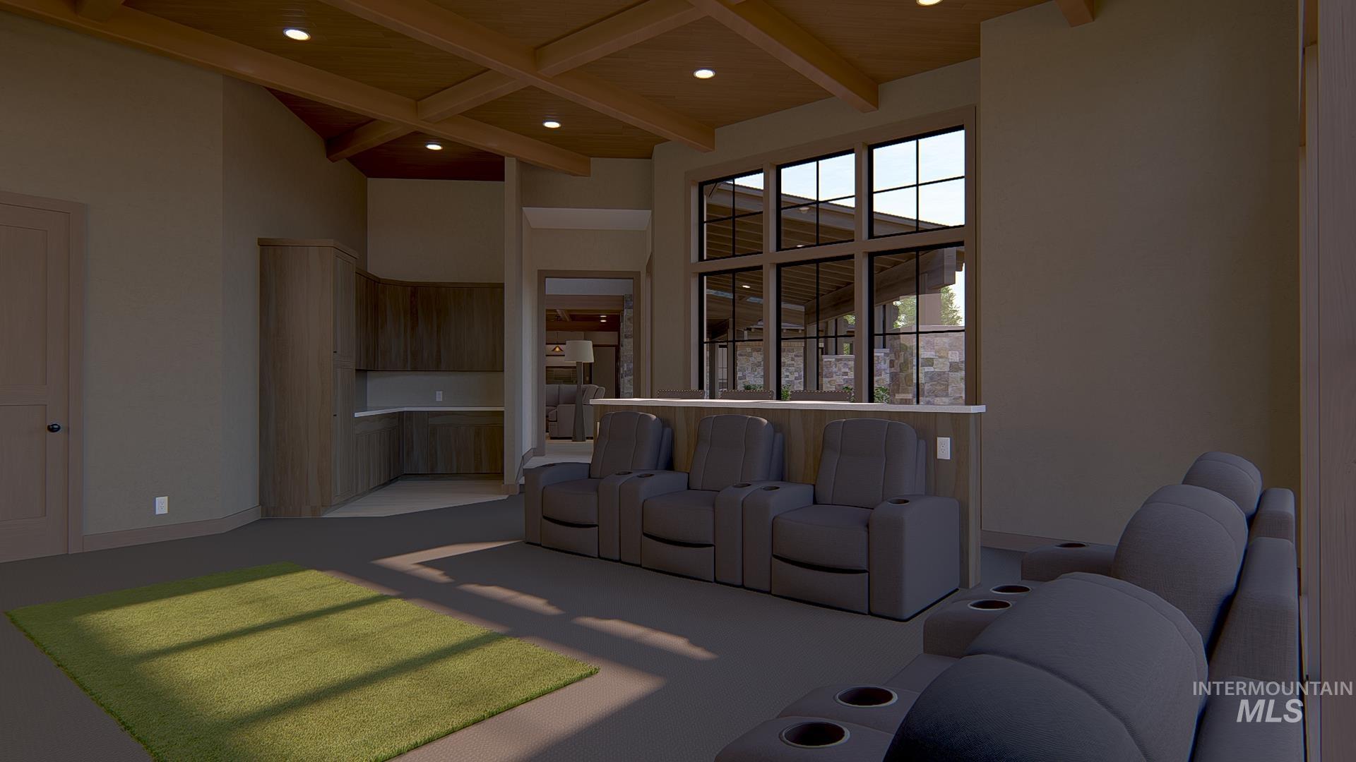 212 Rawhide Loop McCall, ID 83638 - Photo 15 of 28 Living room featuring beamed ceiling, a towering ceiling, light carpet, and recessed lighting