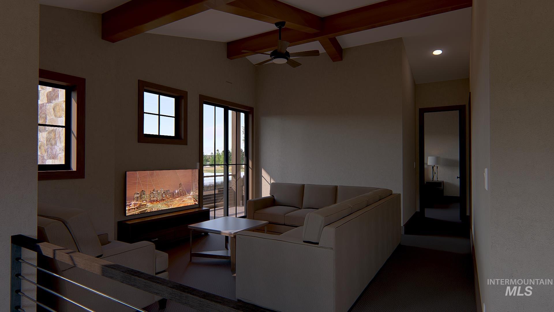 212 Rawhide Loop McCall, ID 83638 - Photo 25 of 28 Living area featuring ceiling fan, beam ceiling, and recessed lighting