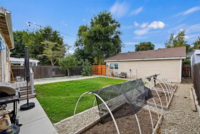 a view of a backyard with table and chairs potted plants and a palm tree