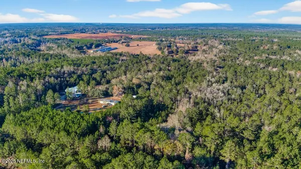 a view of a wooden house with a yard and potted plants