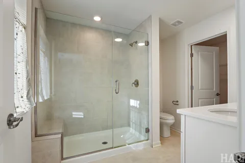 a bathroom with a sink toilet vanity and shower