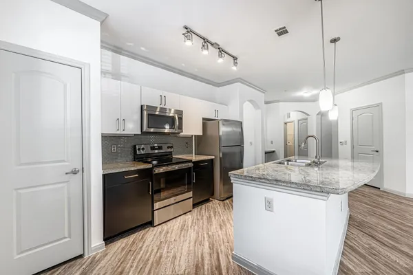 a kitchen with stainless steel appliances granite countertop a refrigerator a stove a sink and a refrigerator
