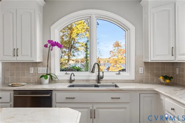 a sink with white cabinets and potted plant