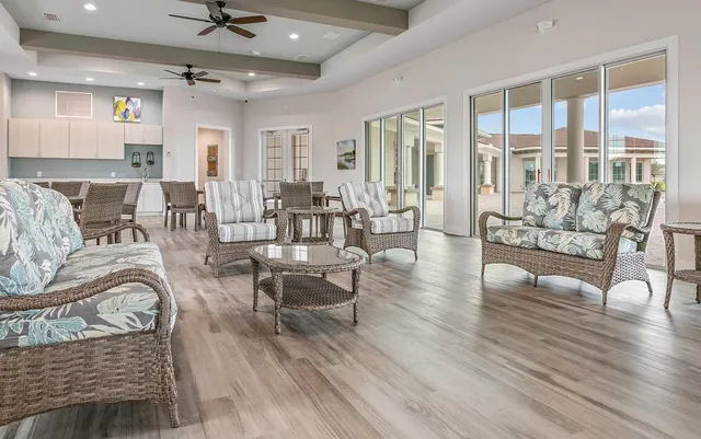 a view of outdoor space with signage and flags