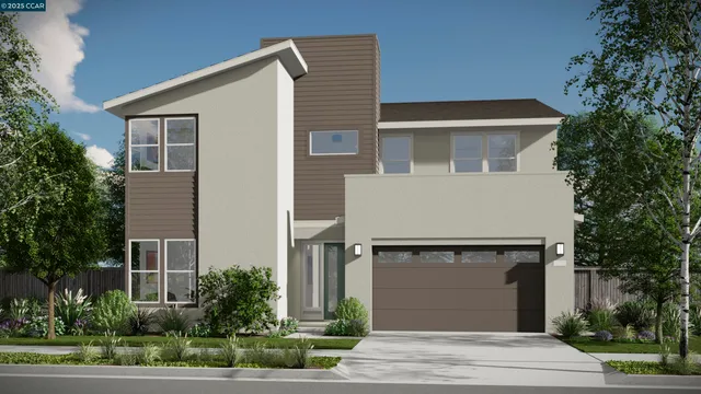 a front view of a house with a garden and garage