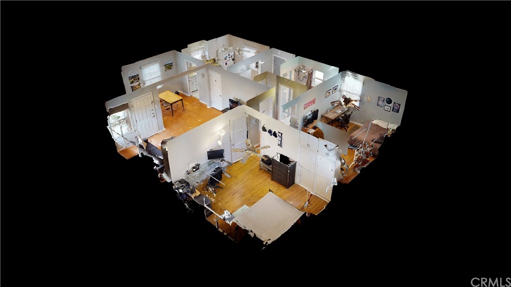 an aerial view of a house a kitchen a sink and a stove