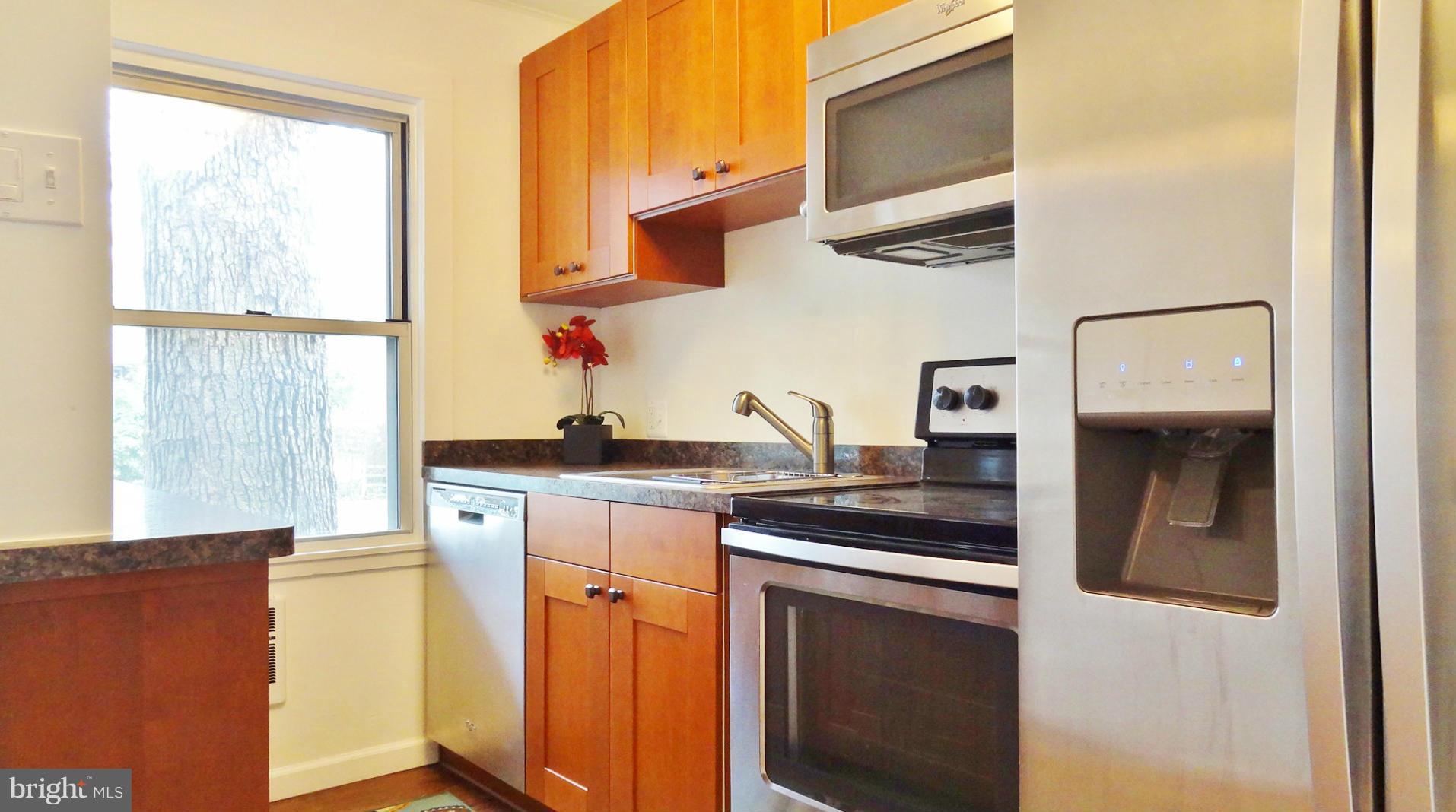 51 Ridge Road, Unit B Greenbelt, MD 20770 - Photo 1 of 8 a kitchen with stainless steel appliances granite countertop a sink and a stove next to a window