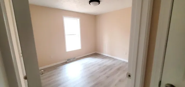 a view of an empty room and wooden floor