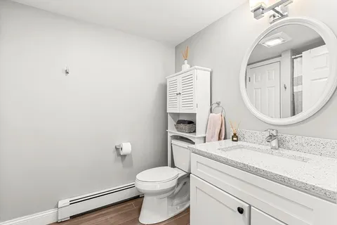 a bathroom with a toilet a sink a mirror and vanity