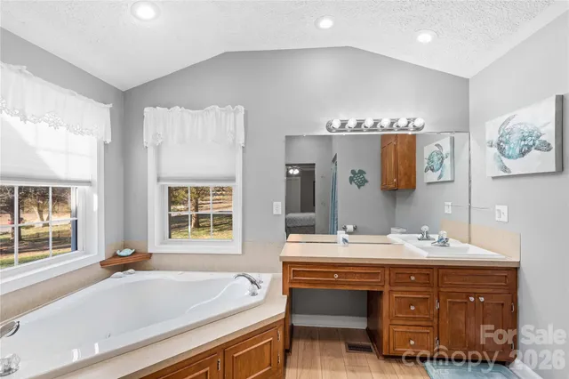 a bathroom with a sink double vanity and a bathtub