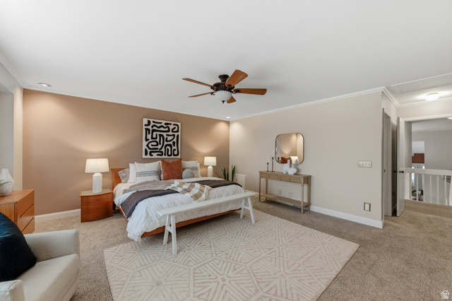 3674 Oak Rim Way Salt Lake City, UT 84109 - Photo 16 of 47 Spacious sleeping area featuring plush carpeting, a ceiling fan with integrated lighting, recessed lighting, crown molding, and a neutral color palette