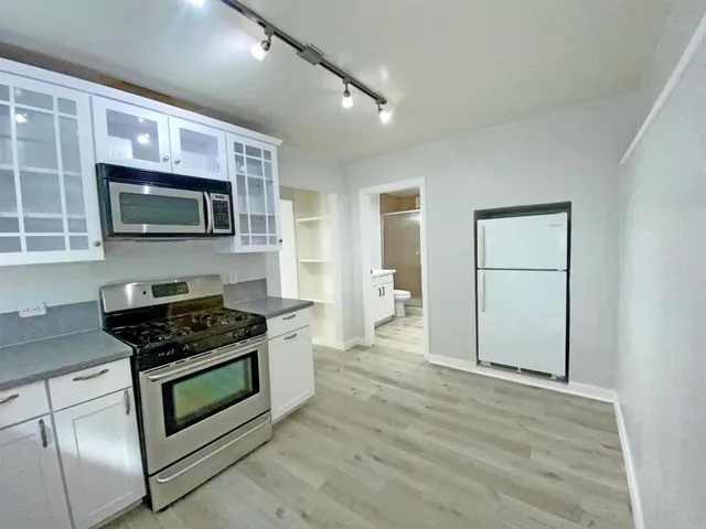 a kitchen with a stove a sink and a refrigerator