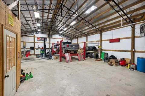 a view of a garage with storage