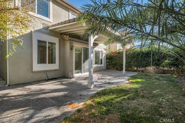 a backyard of a house with plants and palm trees