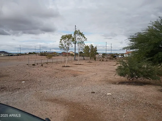 a view of a dry yard with wooden fence