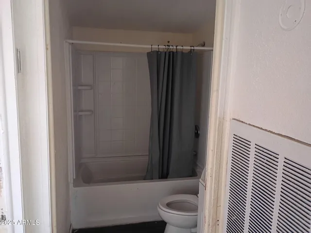 a bathroom with a shower and a toilet
