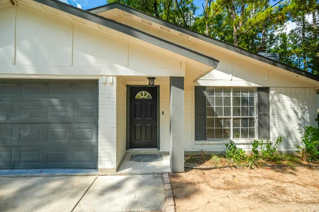 a couple of potted plants in front of door