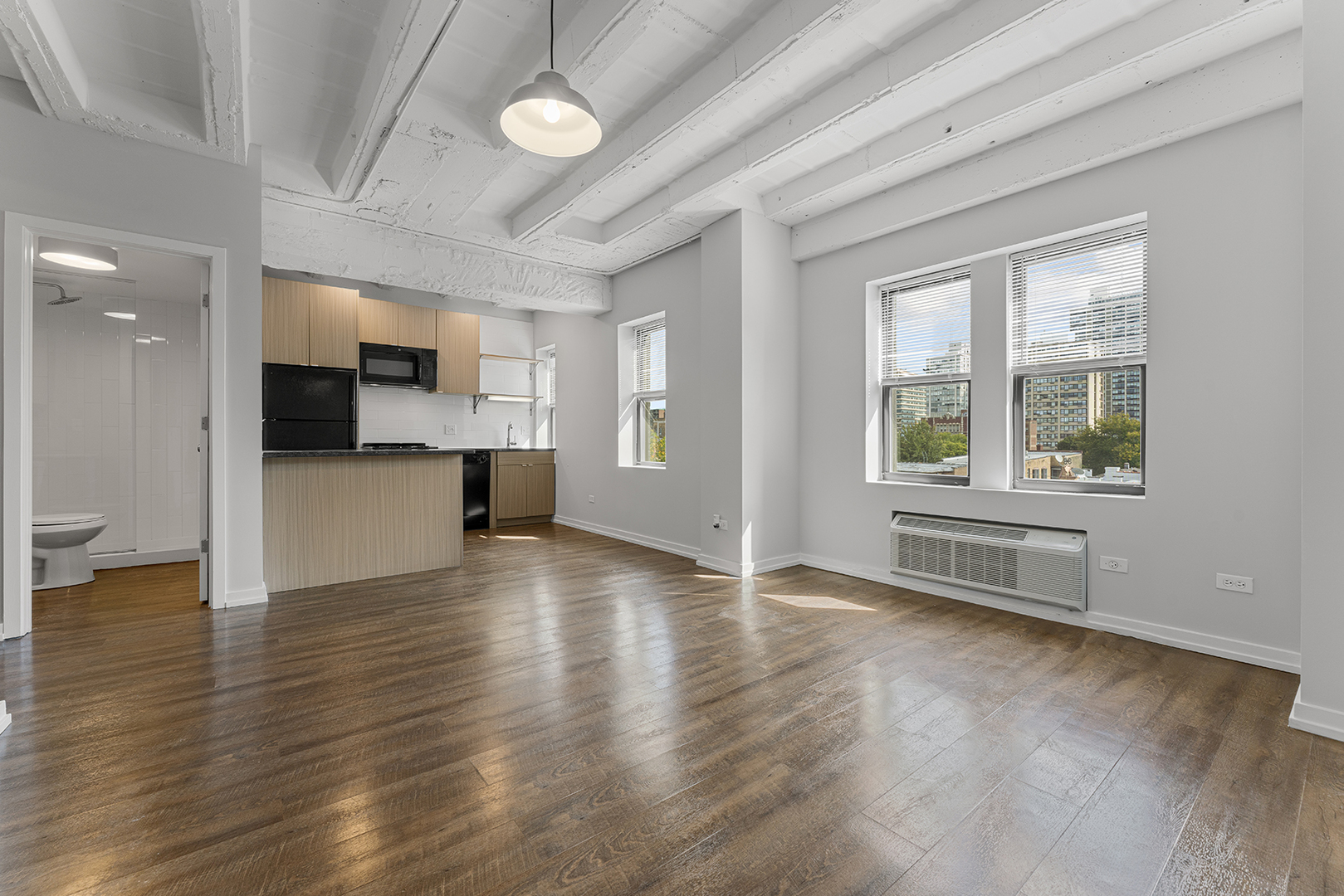 5718 North Winthrop Avenue, Unit 802 Chicago, IL 60660 - Photo 3 of 16 an empty room with wooden floor and a kitchen
