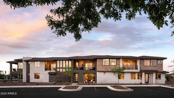 a front view of residential houses with yard and road