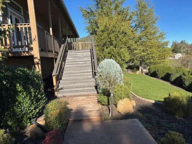 a view of a garden with a slide