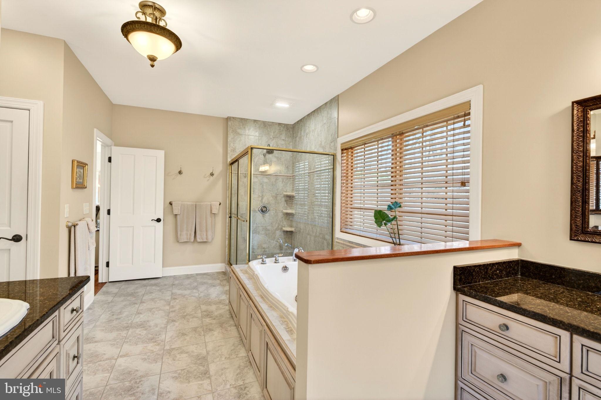 3814 Rocks Station Road Street, MD 21154 - Photo 43 of 70 a bathroom with a granite countertop sink a mirror and a shower