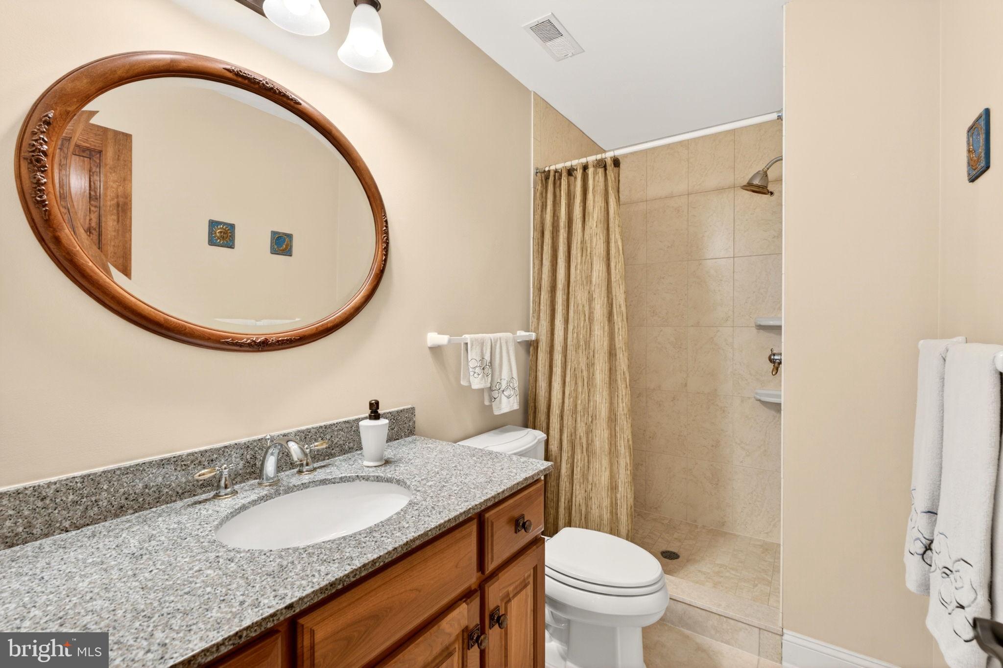3814 Rocks Station Road Street, MD 21154 - Photo 52 of 70 a bathroom with a granite countertop toilet a sink and a mirror