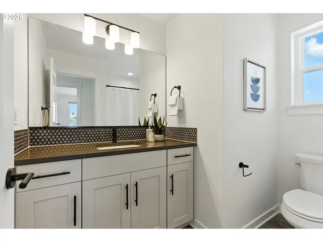 a bathroom with a sink a toilet a mirror and vanity