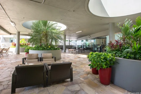 a living room with patio furniture and a potted plant
