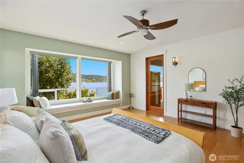 a spacious bedroom with a large bed and a large window