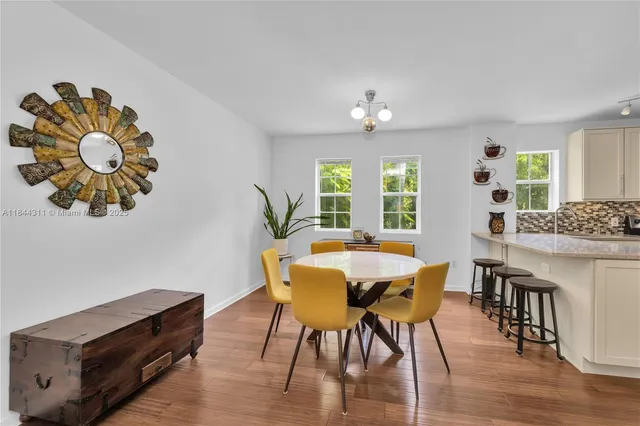 a view of a dining room with furniture window and wooden floor