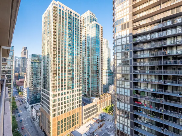 a city view with tall buildings