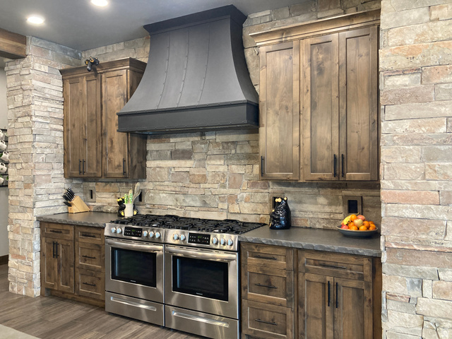 259 Meadow Drive Springville, UT 84663 - Photo 12 of 62 Kitchen with dark countertops, double oven range, dark wood-type flooring, and dark wood finish cabinetry
