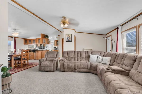 a view of a dining room with furniture