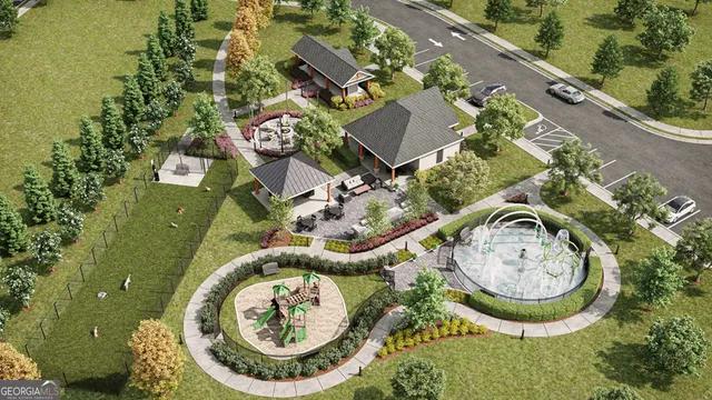 an aerial view of a house with garden space swimming pool and outdoor seating