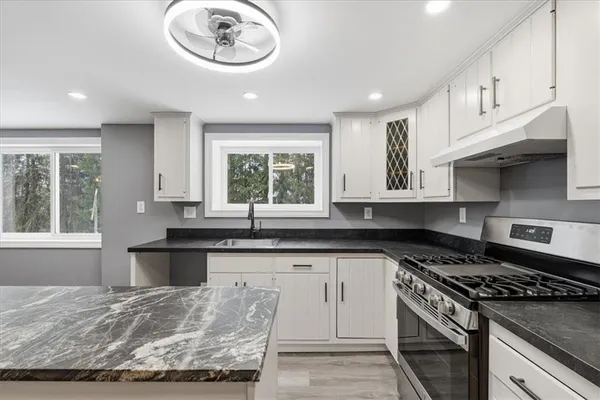 a kitchen with stainless steel appliances granite countertop a stove and a sink