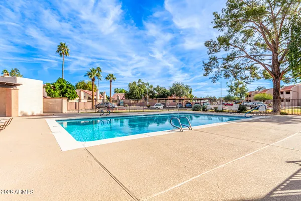 a view of a water with palm trees