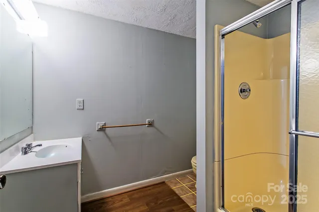 a bathroom with a shower and a sink