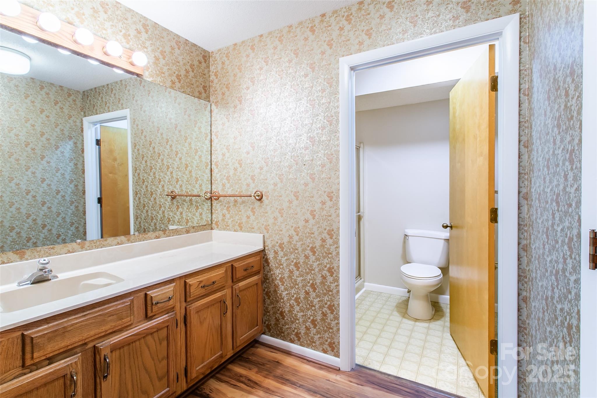 162 Southerland Road Pisgah Forest, NC 28768 - Photo 24 of 41 a spacious bathroom with a sink a toilet and a large mirror