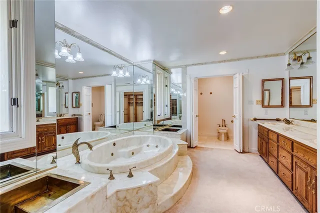 a bathroom with a tub sink shower and a mirror