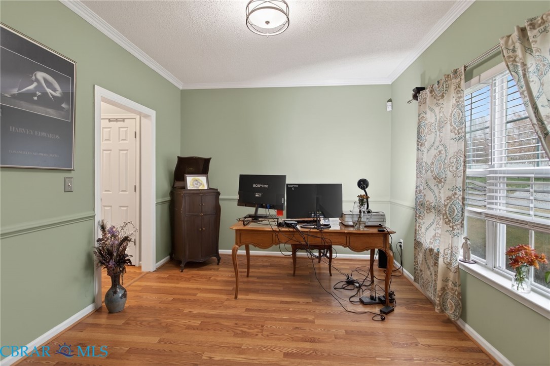 116 Old Field Road Williamsburg, VA 23188 - Photo 11 of 27 Office space featuring a textured ceiling, wood finished floors, and ornamental molding