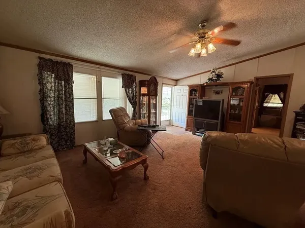a living room with furniture a fireplace and a chandelier