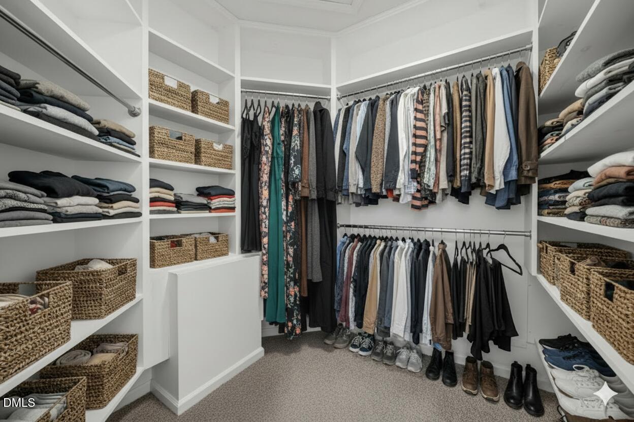 135 Boldleaf Court Cary, NC 27513 - Photo 19 of 34 a view of walk in closet with clothes and shoes