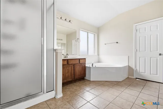 a bathroom with a tub sink and mirror