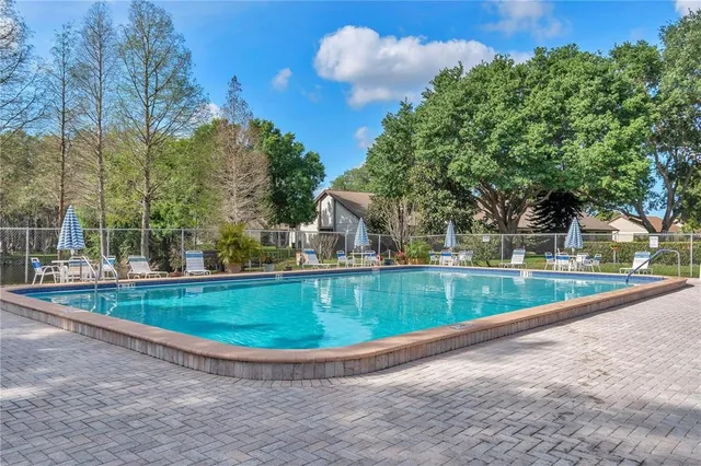 a view of a swimming pool with a yard and large trees