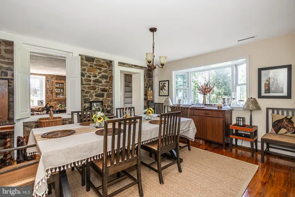a view of a dining room with furniture